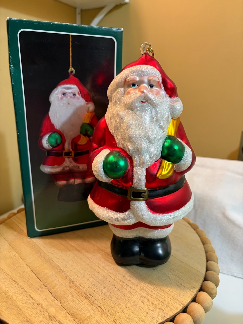 Red and Green Santa Glass Ornament with Gold Accent